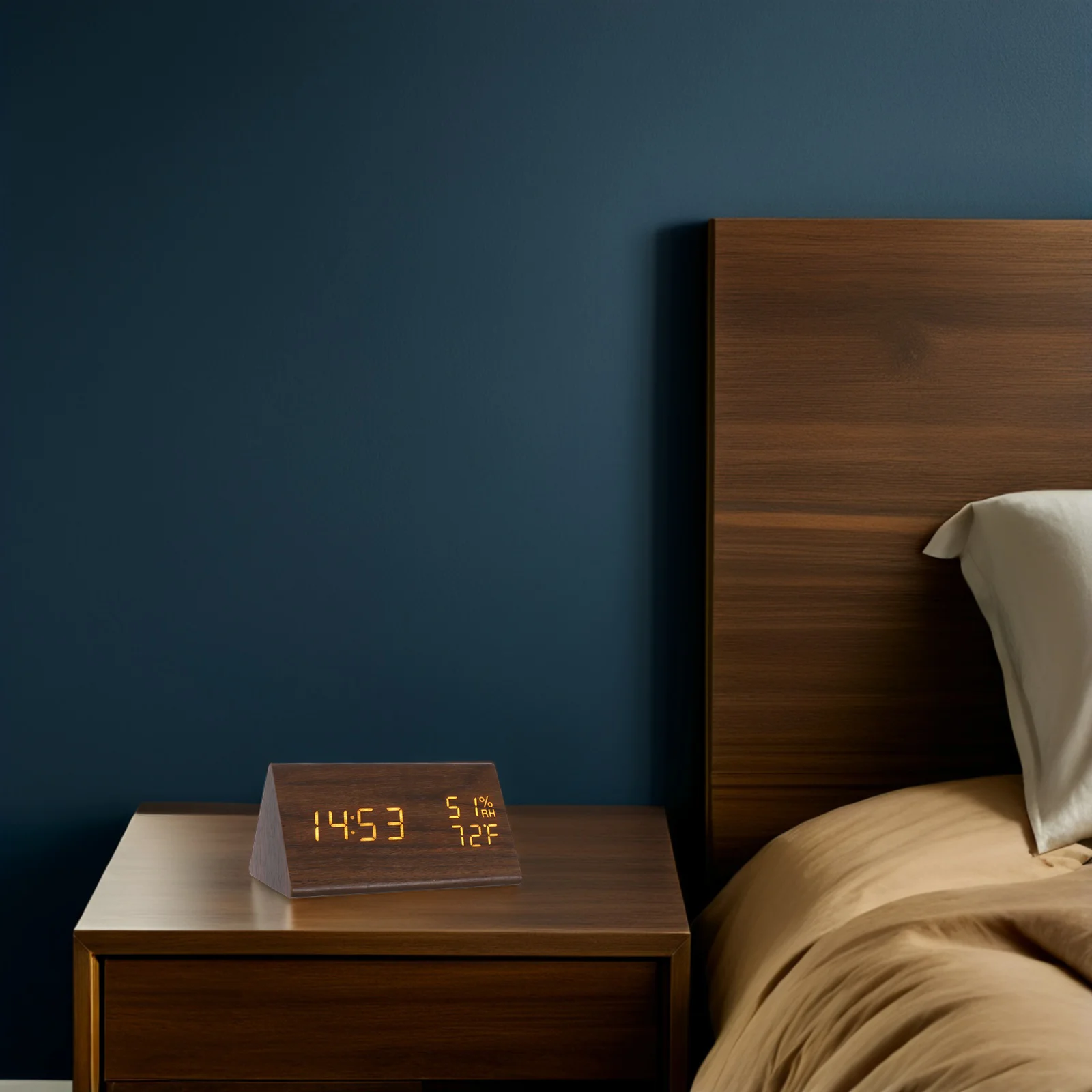

Triangle Digital Alarm Clock Wooden Led Display Time Temperature Humidity Monitor Adjustable Brightness For Bedroom Living Room