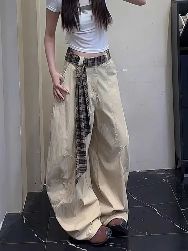 

American Retro Plaid Patchwork Work Pants Men Summer High Waist Slim Loose Knife Pants Casual Extended Floor-Length Pants