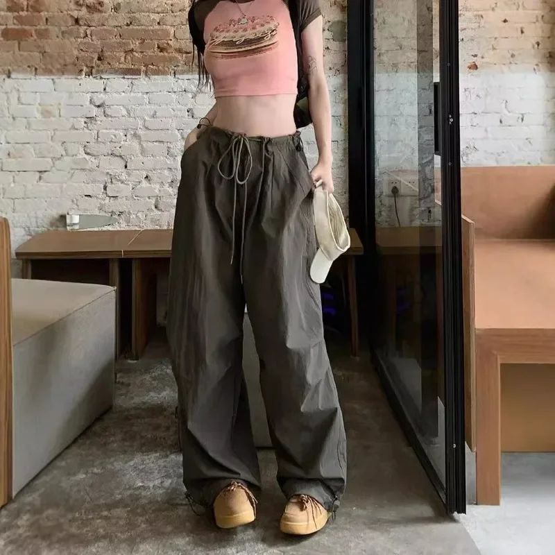 

Retro Drawstring Umbrella Parachute Design Women's Loose Fit Wide Leg Casual Pants Summer Thin High Waist Long Trousers
