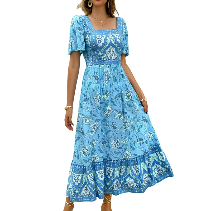 【Party-Decoration】Women's 2025 Summer Short Sleeves Boho Floral Print Tiered Casual Flowy Long Maxi Dress