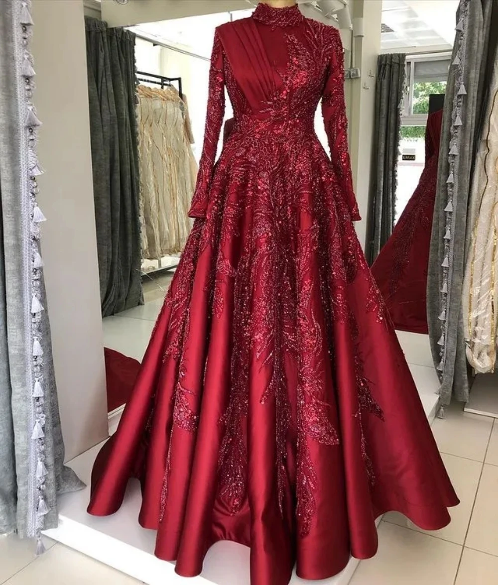 2024 Plus Size Arabic  Burgundy Luxurious Muslim Prom Dresses Lace Beaded Evening Formal Party Second Reception Gowns Dress