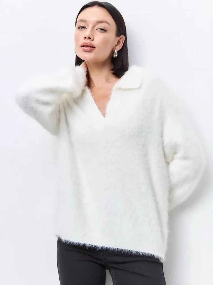 

2025 Autumn Women Ruffles Sweater Long Sleeve Knitted Bottoming White Pullovers Women Casual Sweater Winter Jumper Sueter Mujer