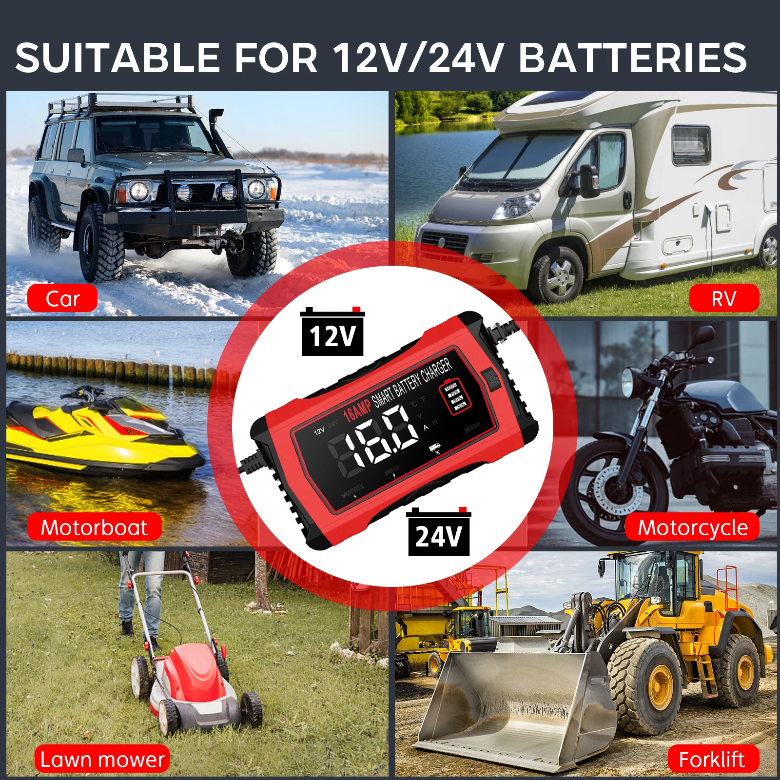 6V 12V 24V 16A Universal Repair Car Battery Charger Intelligent Repair Motorcycle Charger for Lead Acid AGM GEL LiFePO4 Battery