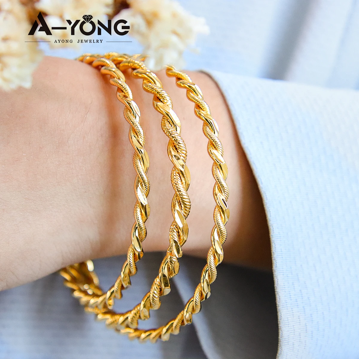 Dubai Gold Color Bangles 18k Gold Plated Copper Twist Bracelet Diameter 60/65/70mm Arab Women Wedding Luxury Vintage Jewelry