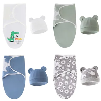 Muslin Bebek Kundak Battaniye Wrap Şapka Seti Karikatür Yenidoğan Sleepsack Ayarlanabilir Yeni Doğan Uyku Tulumu Pamuk Bebek Battaniyeleri 0-6 M