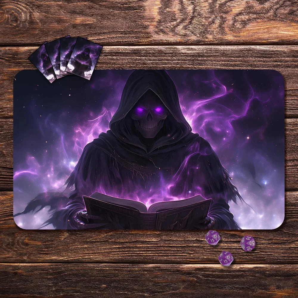 Hooded Skeleton Necromancer TCG Playmat Glowing Purple Magic Aura Spell Book Dark Fantasy NonSlip Desk Mat for Card Game Esports