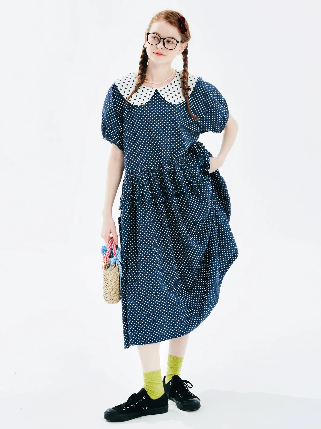 

IMAKOKONI original design lapel polka dot blue short sleeved summer dress for women 244711