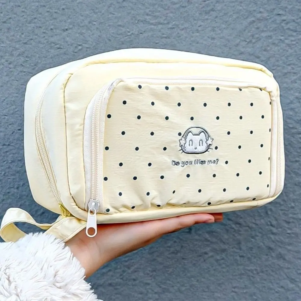 

Cloth Cosmetic Storage Bag Polka Dot Cat Print with Lanyard Korean Pencil Case Aesthetic Large Capacity Pencil Pouch