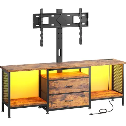 adjustable swivel tv stand with mount, power outlet, and led lighting for 32-65 inch tvs, featuring 2 fabric drawers for storage