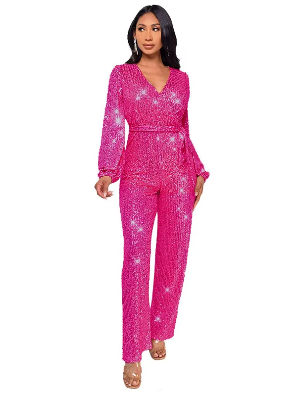 Injet Macacão de lantejoulas longo Sve feminino Sle Faionable com cinto terno de uma peça perna reta tecido de poliéster fino primavera S...