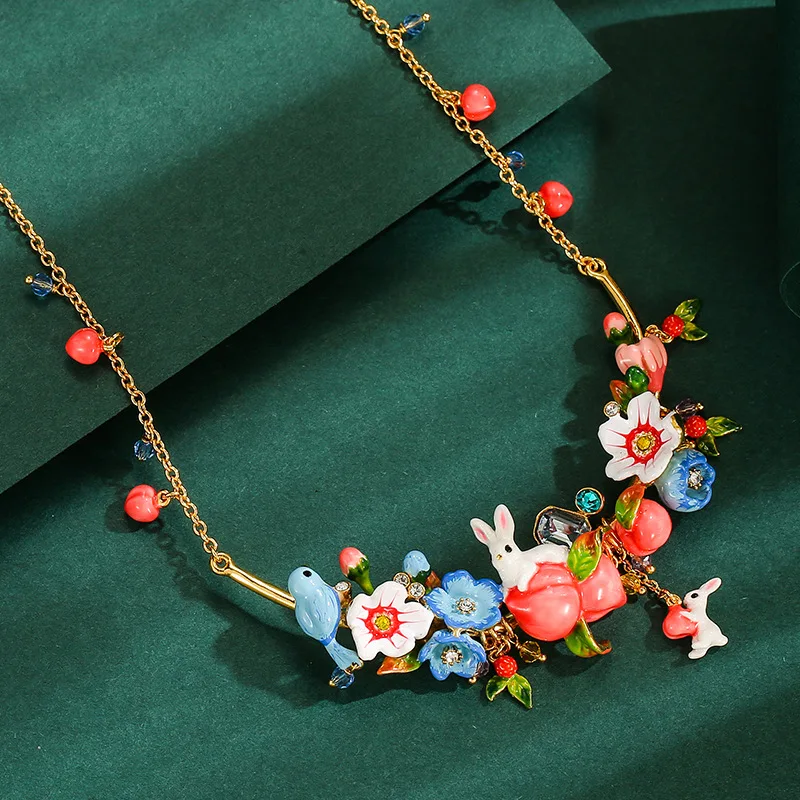 ArLea Luxury Mori Handmade Enamel Flower Necklace Animal Necklace Peach Necklace Small White Rabbit Necklace Blue Bird Necklace