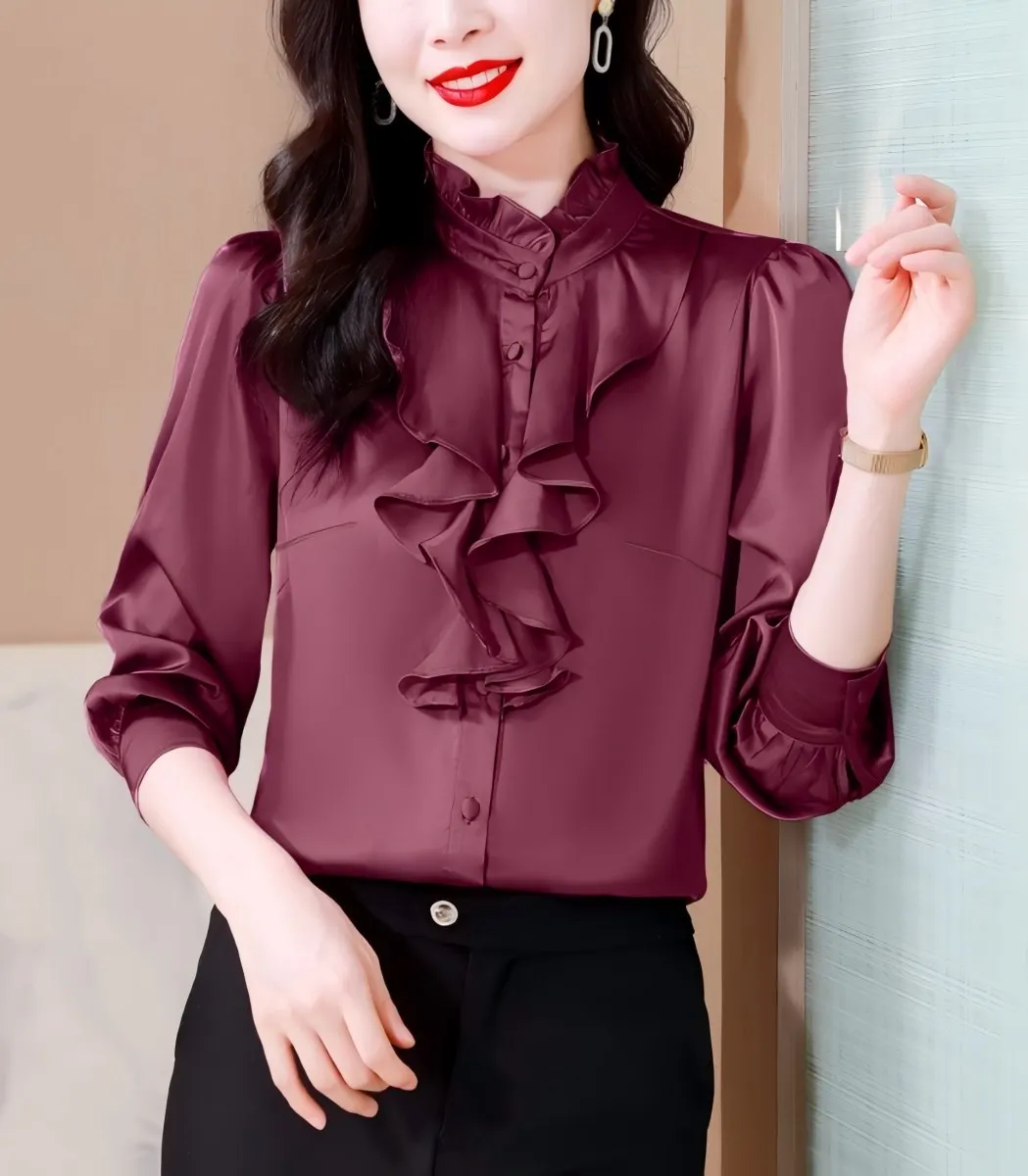

Женская стильная однотонная блузка с рюшами и воротником-стойкой, с длинными рукавами, для весны и осени