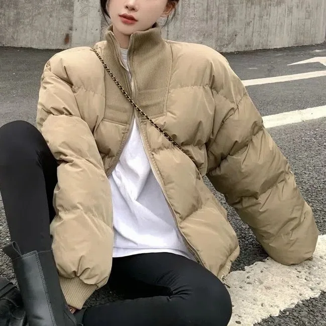 

2026 осенне-зимняя куртка, женская толстая хлопковая куртка с воротником-стойкой и длинными рукавами, повседневная одежда-пуховик с завязками на талии
