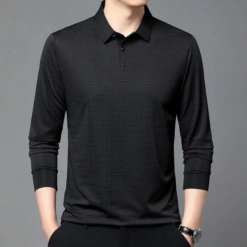 New Men\'s Business Casual Long Sleeved Shirt Solid Color Polo Shirt Fashionable Breathable Comfortable Versatile Top