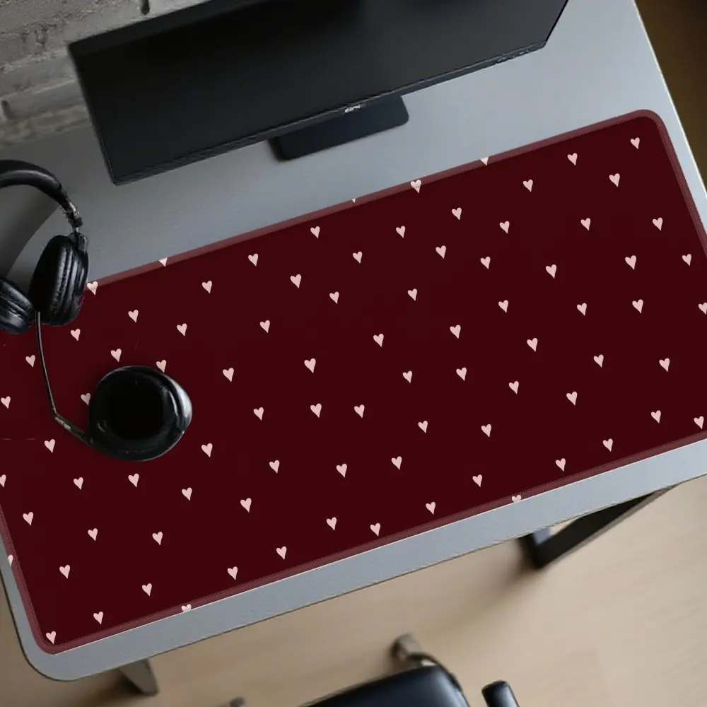 Pink Hearts Mouse Pad Extra Large Dark Burgundy Non-Slip Rubber Gaming Desk Mat For PC Office