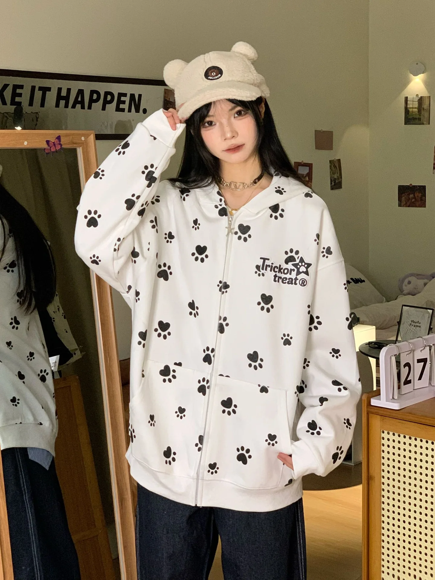 Autumn Cute Hoodies Y2k Aesthetic Women Cartoon Paw Casual Print Zipper Loose Harajuku Loose Hooded Sweatshirt Young Girls Tops