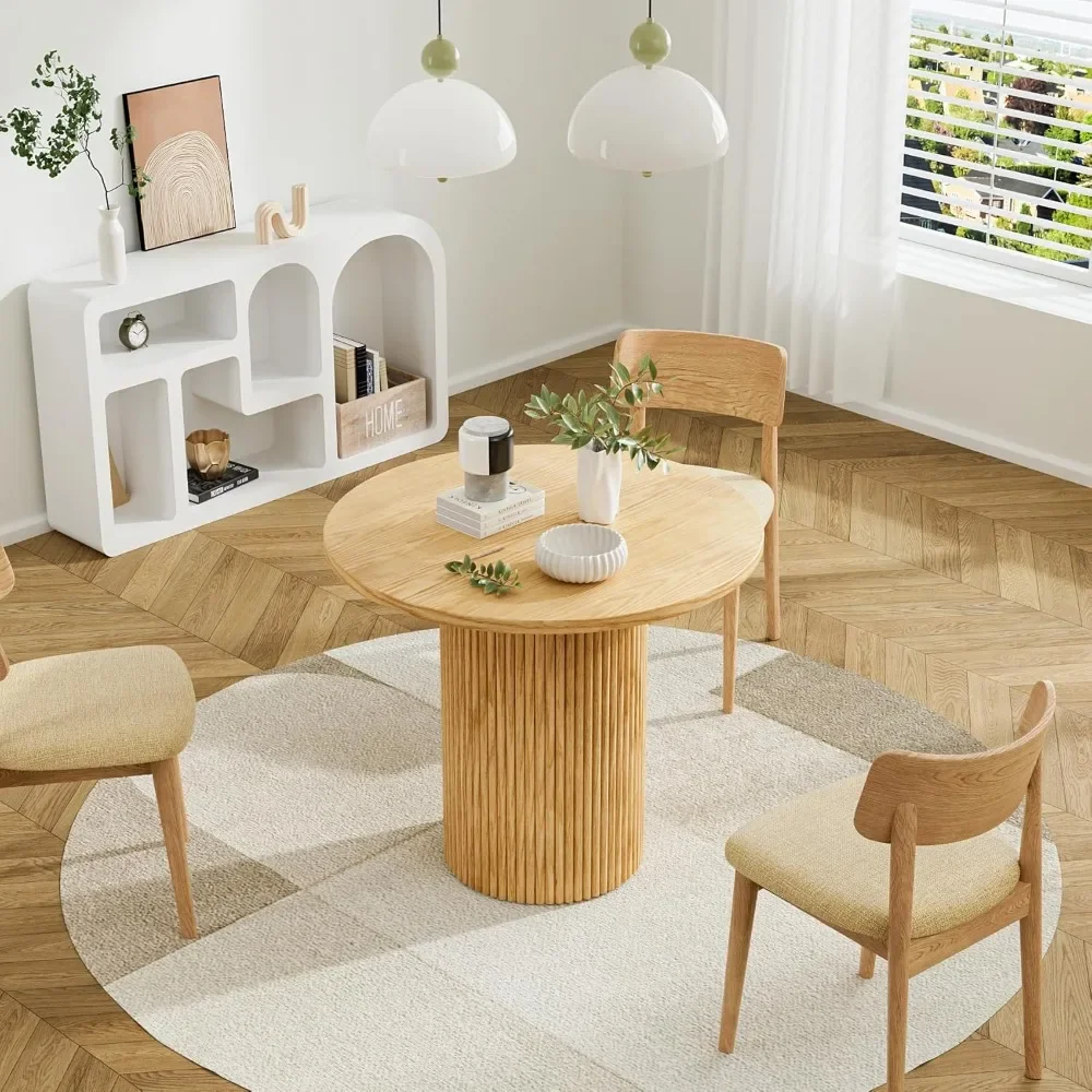 

35.4" Round Dining Table Wood Kitchen Table Fluted Pedestal Circular Modern MDF Finish Tabletop for Leisure Cafe Kitchen Dining