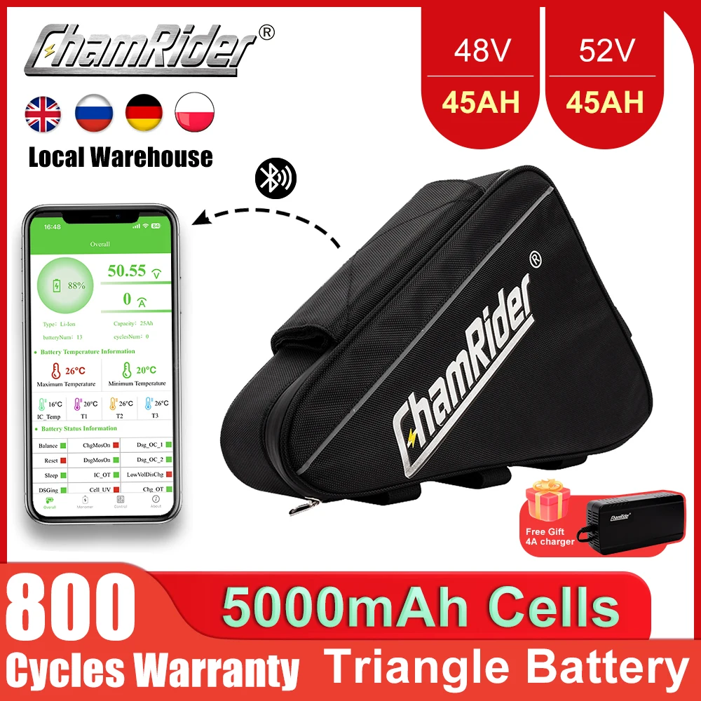 ChamRider Battery 18650 Cell Ebike Battery 72V 52V 48V 45AH Triangle Battery Lithium Capacity 1000W