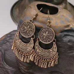 Ethnic Gold Color Geometric Tassel Earrings for Women Vintage Round Flower Pattern Piercing Earring Fashion Indian Jewelry
