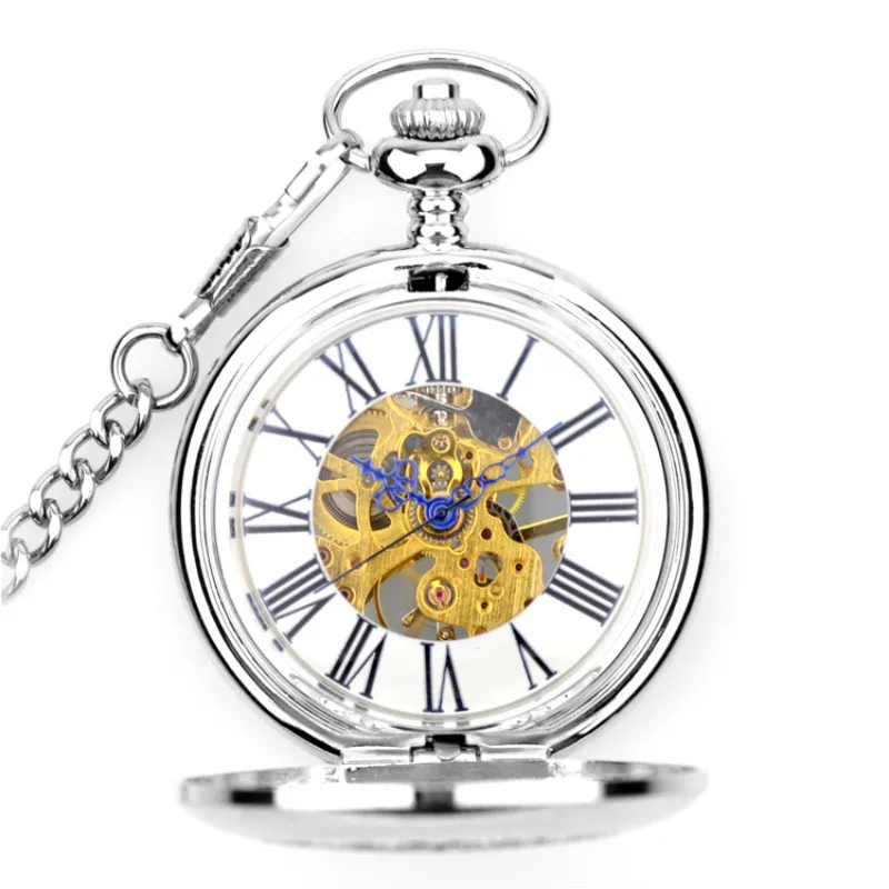 White Floral Roman Mechanical Retro Flip Hollow Necklace Pocket Watch Men and Women Watches