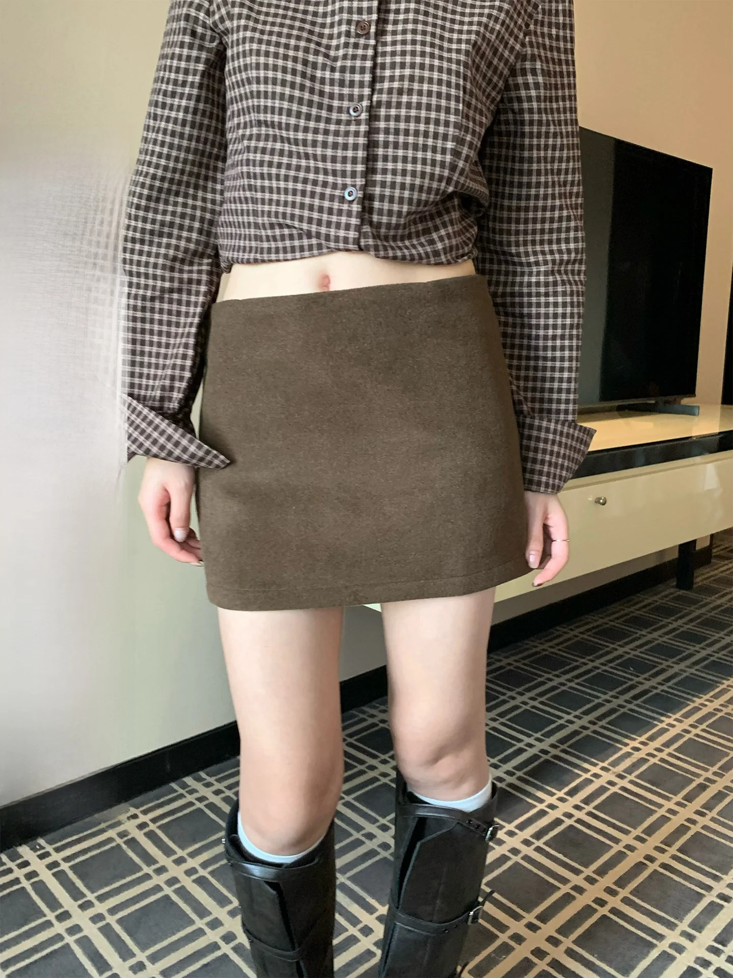 

Юбка А-силуэта с высокой талией, женская, корейская, шерстяная, кофейного цвета, утягивающая, весенне-летняя, модная, повседневная