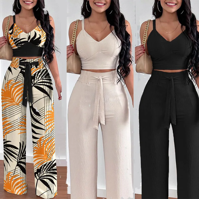 Women Pleated Sling Pants Two Piece Set Sleeveless Backless Top Fashion Pocket Design Wide Leg Pant Suit Female Summer Lady Chic