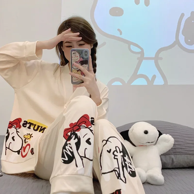 

Anime Kawaii Cartoon Series Snoopy cartoon pajamas women's pure cotton new long sleeved cardigan V-neck home suit girl heart