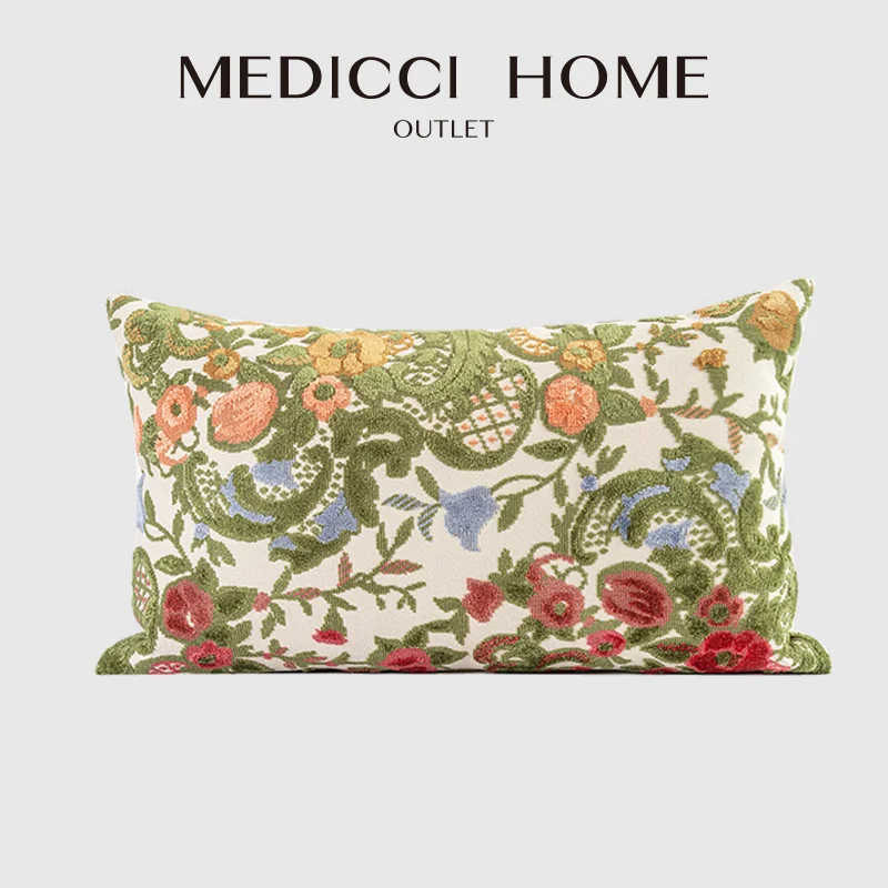 

Medicci Home High End Multi-Colored Floral Basket Raised Cut Velvet Upholstery Cushion Cover Luxe Pillow Case For Bench Bed Sofa