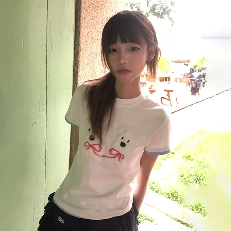 Japanese Y2k Vintage Puppy Embroidery T-shirt Kawaii 2000s Style Fake Two-piece Tops Harajuku Short Sleeve Shirts for Women