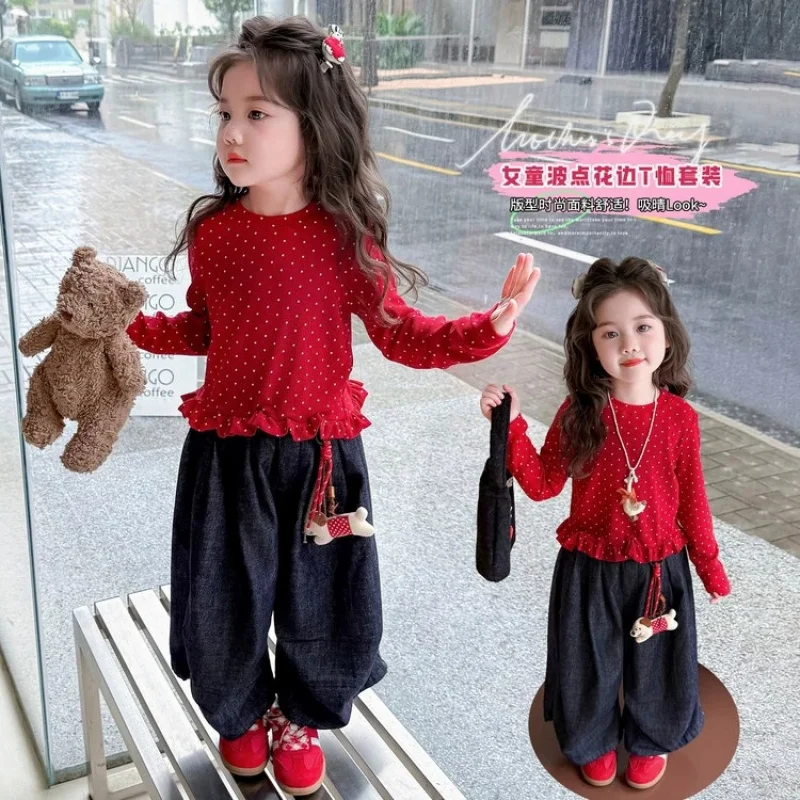 

2025New Spring and Autumn Girls' Outfit Red Polka Dot Top and Jeans Two-Piece Set Cute Baby Girl Outfit