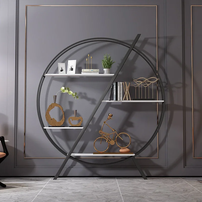 

Nordic display stand round shelf floor-to-ceiling bookshelf living room office decorative shelf wrought iron light luxury window