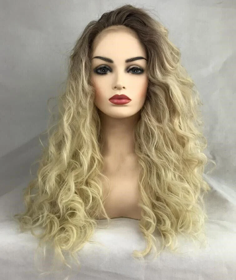 Long Curly Human Hair Blend Lace Front Wig Dark Roots Blonde Heat Ok Synthetic Wigs