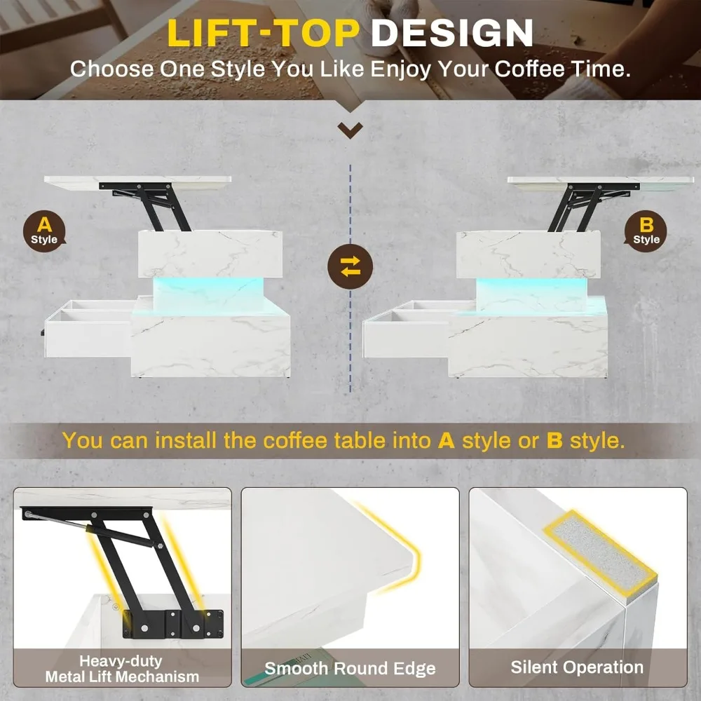 Mesa de centro elevadora de 40 pulgadas, mesa de centro para sala de estar con espacio de almacenamiento, mesa de centro para sala de estar con 2 cajones y luces LED