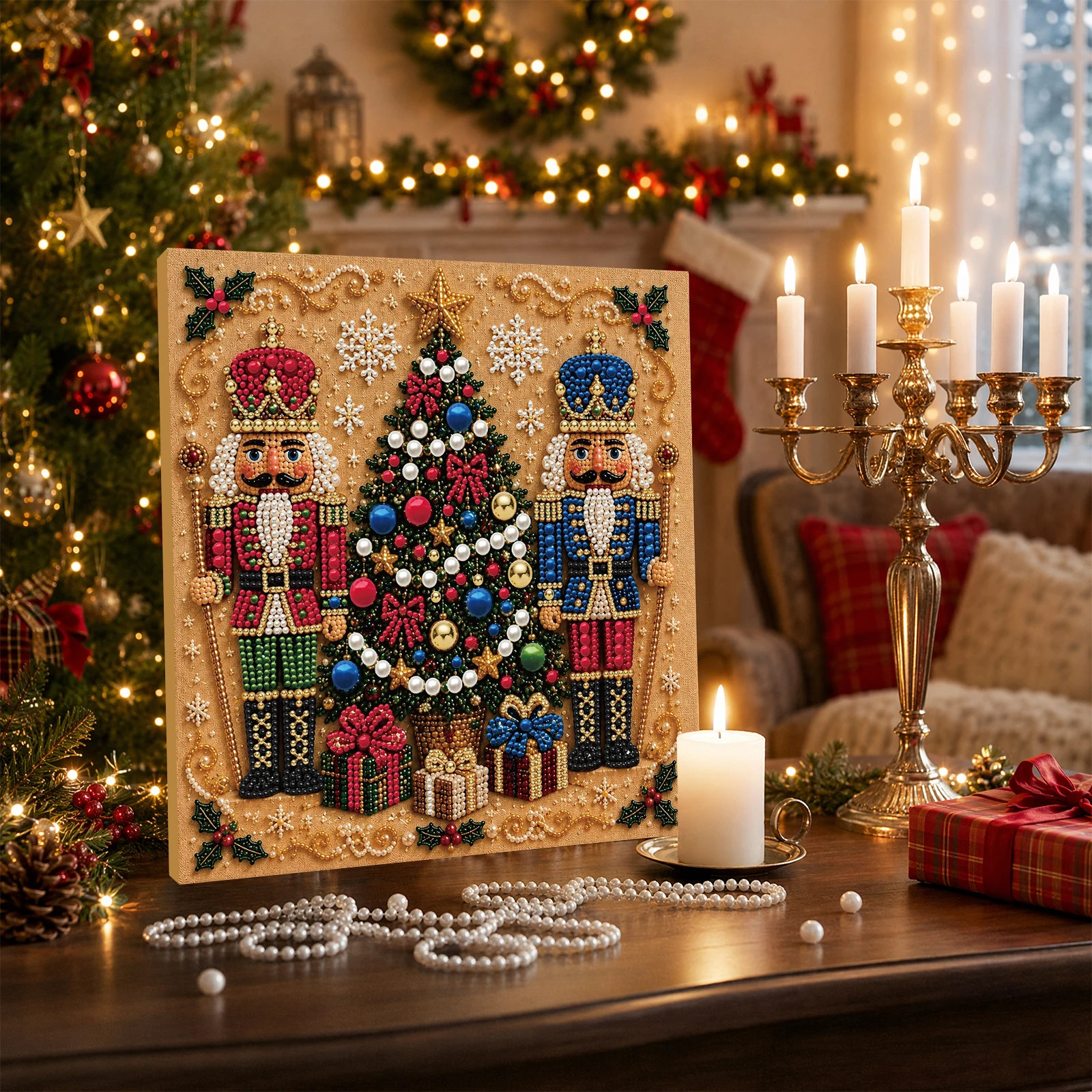 DIY Pearl Diamond Painting Kit Full Drill with Wooden Frame Christmas Art Craft 20x20cm Beginner