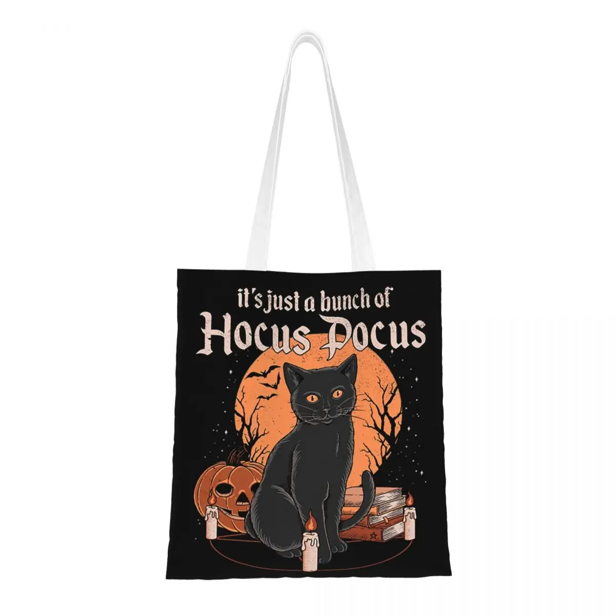 Custom Hocus Witch On Halloween Night Pocus Shopping Canvas Bags Women Reusable Grocery Cat Tote Shopper Bags