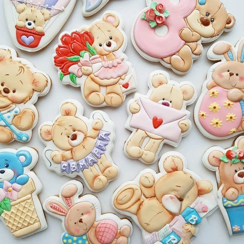 Cute Bear Cookie Cutters Embossing Cartoon Wedding Birthday Flower Fondant Biscuit Molds Cake  Decorations Tools Baking Supplies