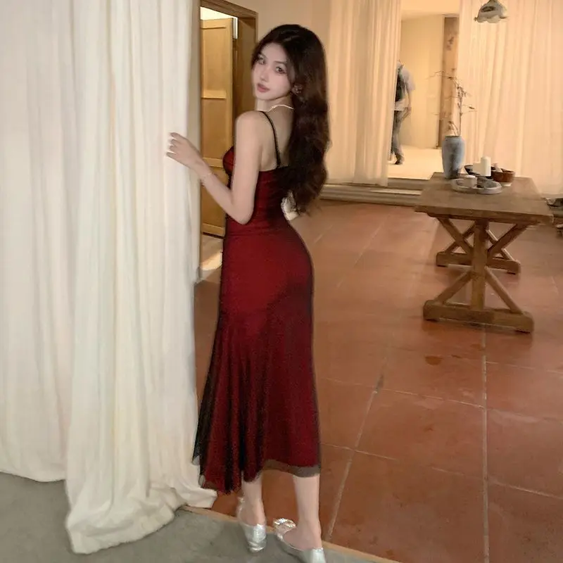 Glamour temperament slip dress slim fit red evening dress midi mermaid dress women\'s clothing Spagatiti Strops dress