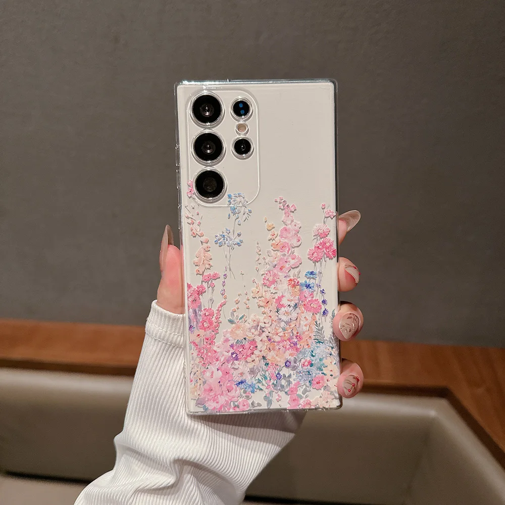 For Samsung Galaxy S21 S22 S23 S24 Ultra Plus FE Case Transparent Flower Shockproof Protection Soft silicone Cover Accessories