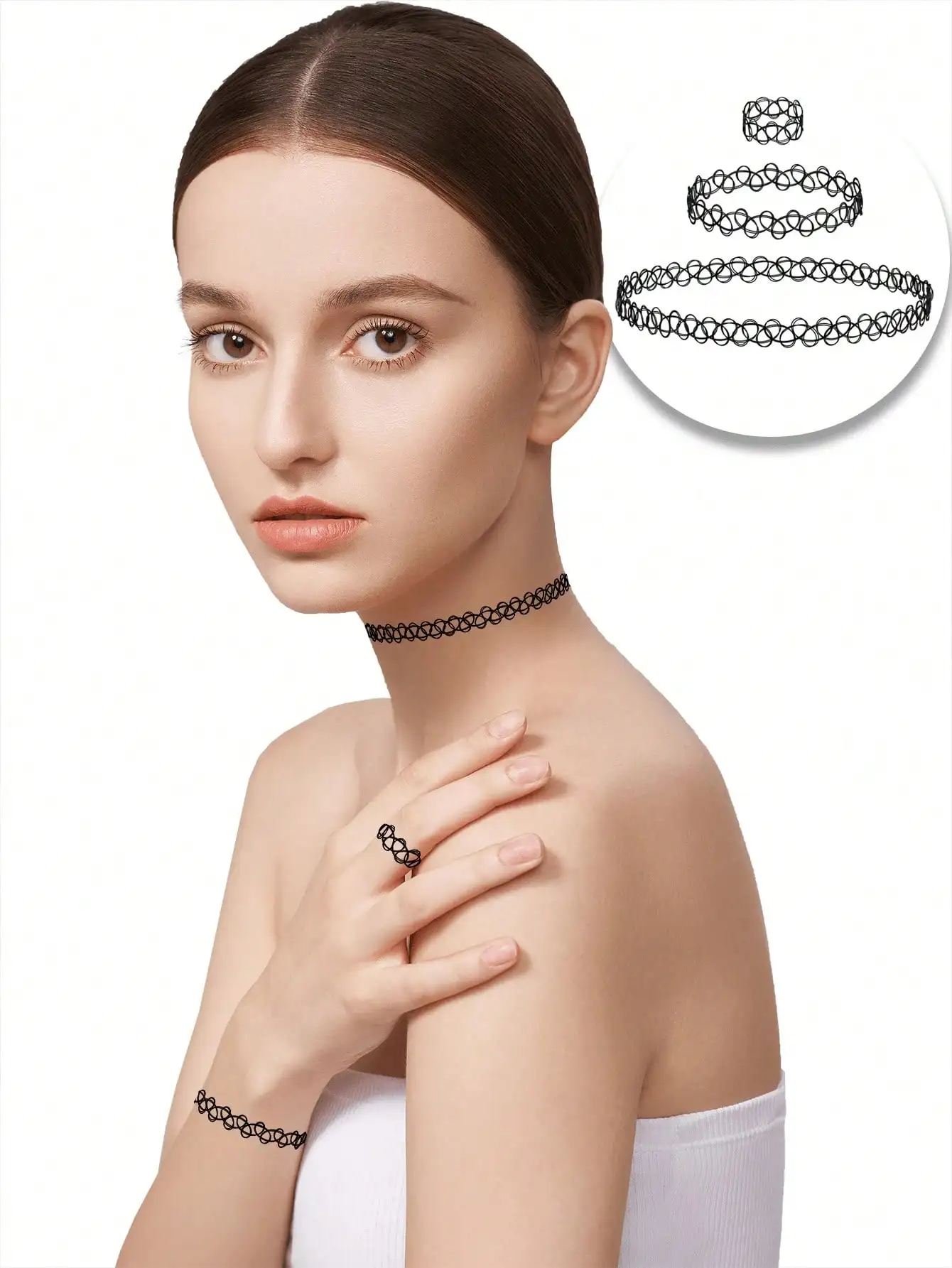 1/3/9-Piece Tattoo Choker Set: Necklace, Bracelet, Ring-Blending 90s Necklace Style With 2000s Y2K Vintage Fashion-Stretchy Inspired Jewelry Accessory