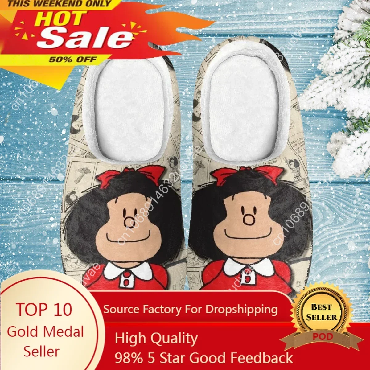 Kawaii Mafalda Anime Women and Men Winter Indoor Warm Thickened Slippers Winter Closed Toe Cotton Slippers Pantuflas