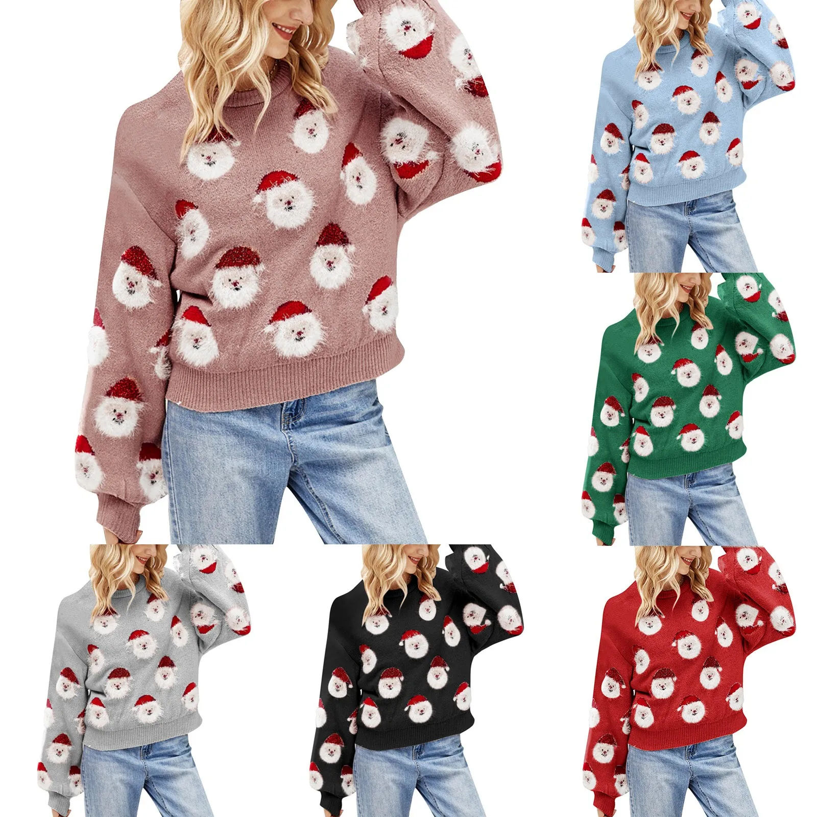 Leisure Trendy Thermal Female Knitwear Women\'s Christmas Knitted Sweater Cute Santa Head Pattern Round Neck Ladies Pullovers