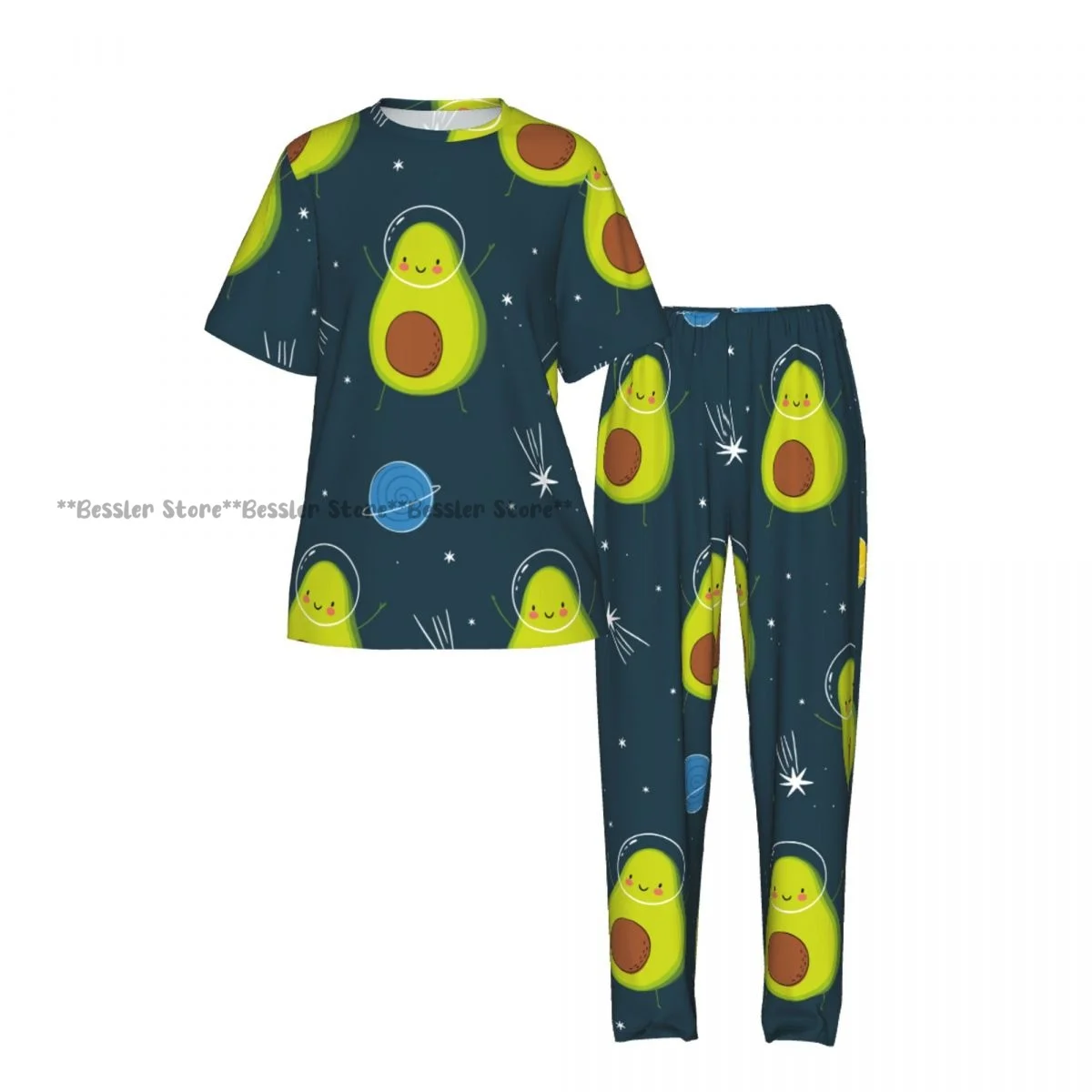 Women's 2-piece set Avocado In Space Cartoon Pajamas Short sleeved Top and Pants Sleepwear