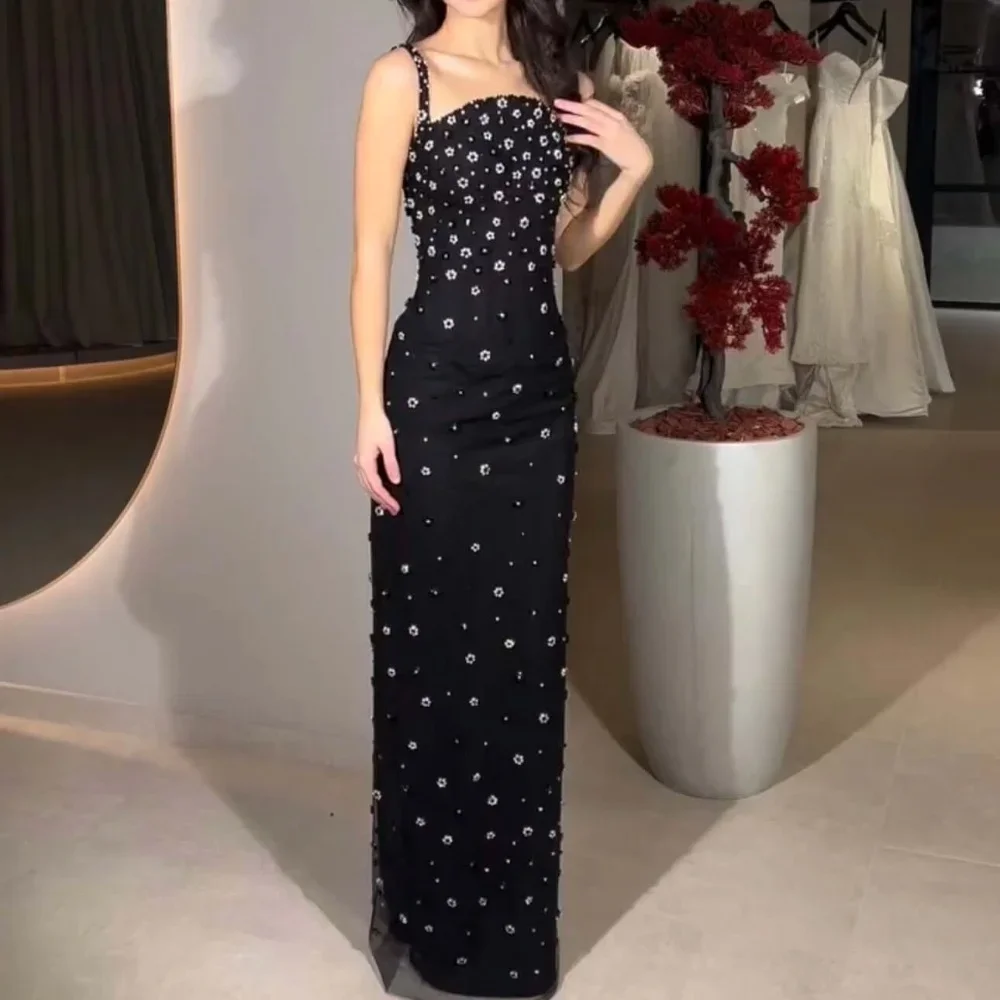 

Customized Intricate Sparkle Jersey Flower Prom Dresses Pleat Straight Spaghetti strap Long Evening Dress High Quality