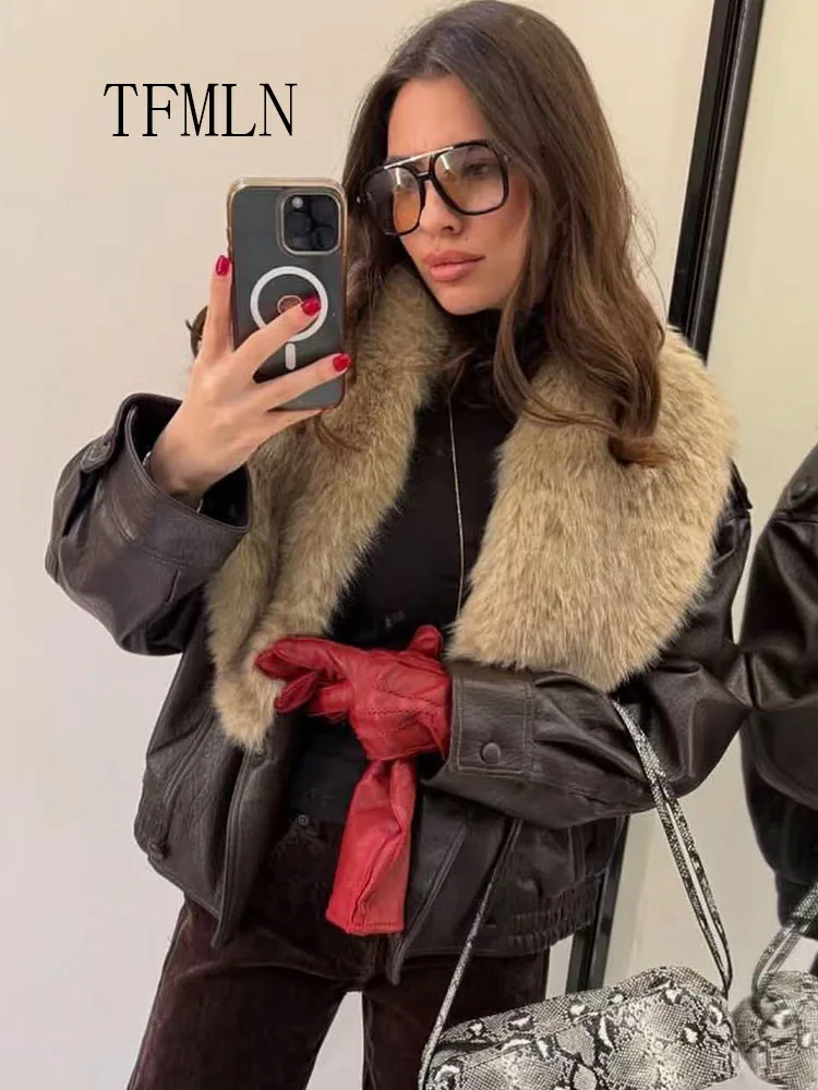 Retro Women Loose Faux Leather Jacket 2025 Winter Fashion Removed Big Fur Collar Causal Coat High Street Double Breasted Outwear