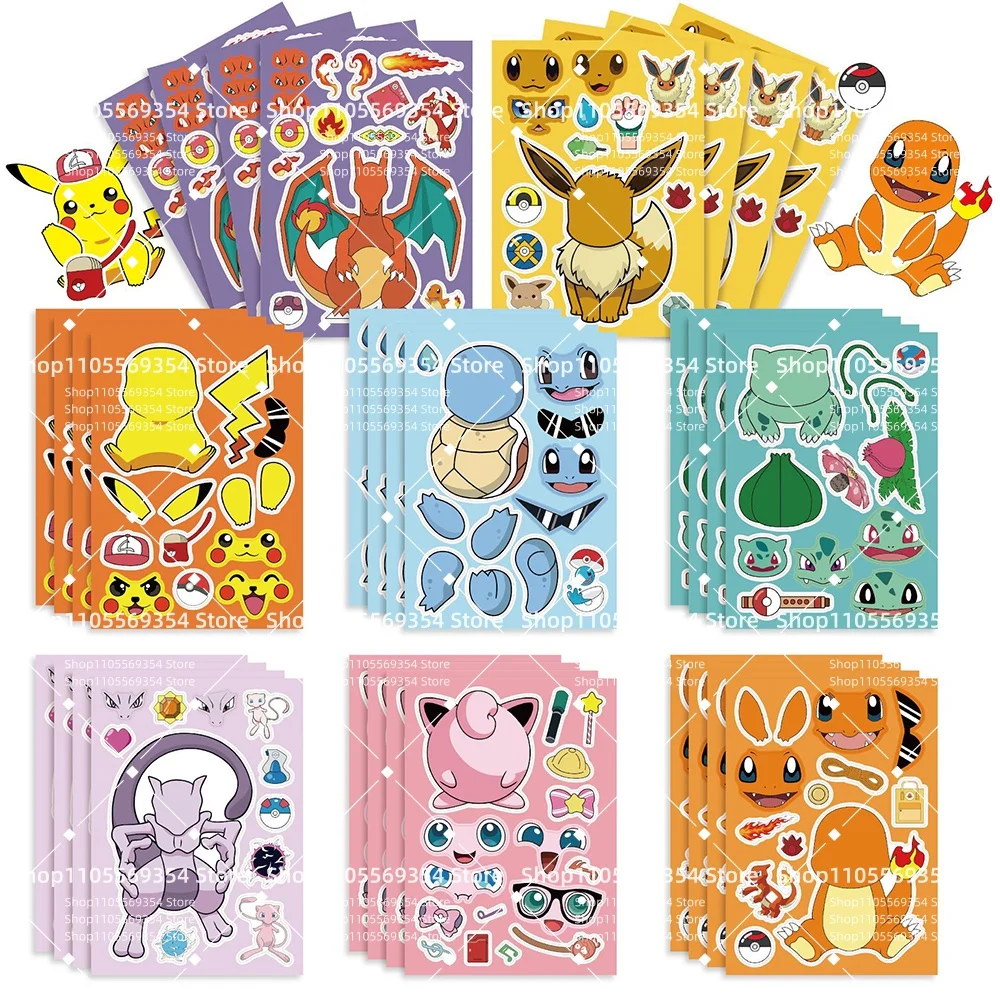 8/16 Pcs Cartoon Pokemon Pikachu Make a Face Puzzle Stickers Party Favors Birthday Gifts DIY Graffiti Sticker Party Supplies