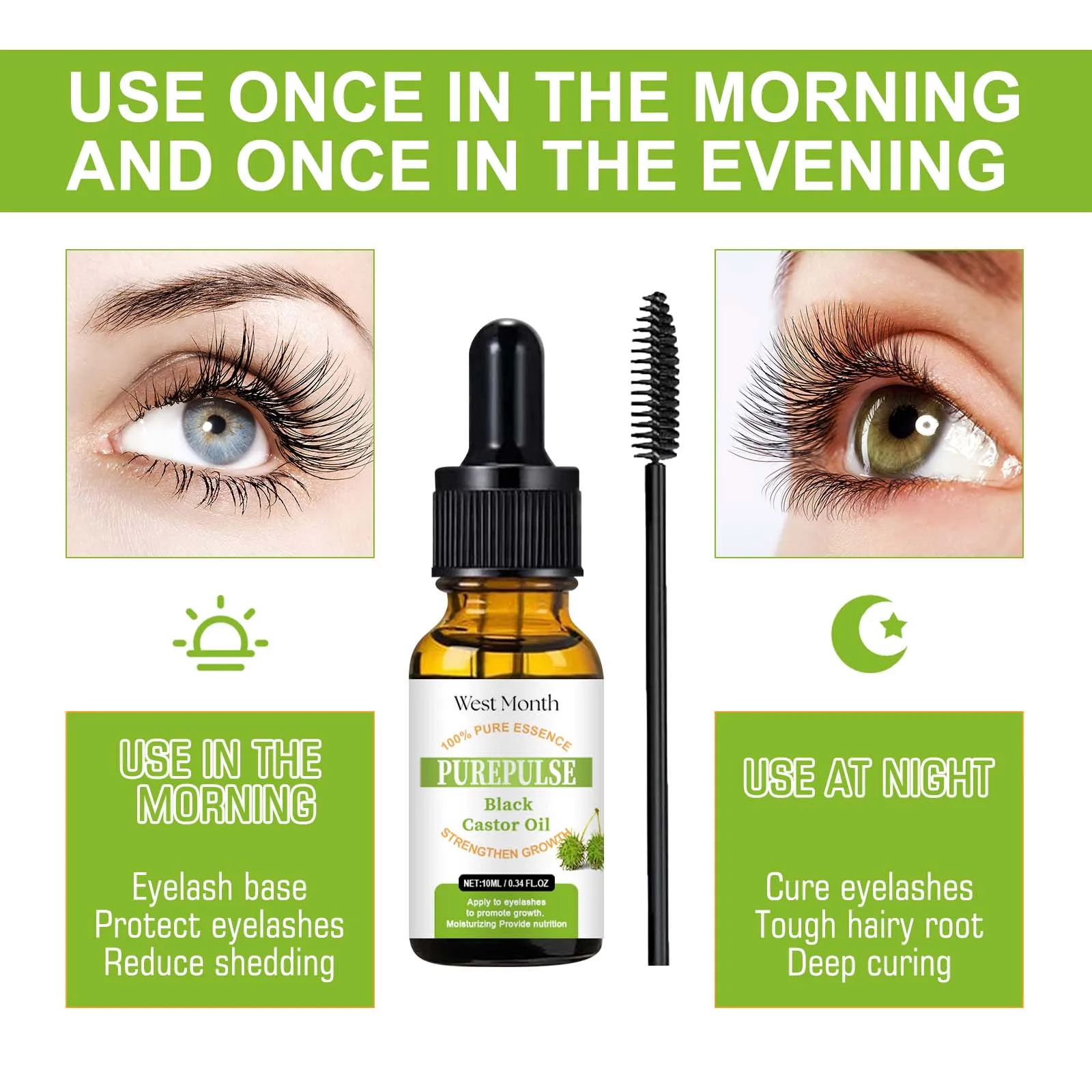 WEST MONTH Schwarzes Rizinus-Wimpernöl für das Wachstum, reich an Nährstoffen, spendet tief feuchtigkeitsspendend, nährt Wimpern, verhindert Trockenheit, 10 ml