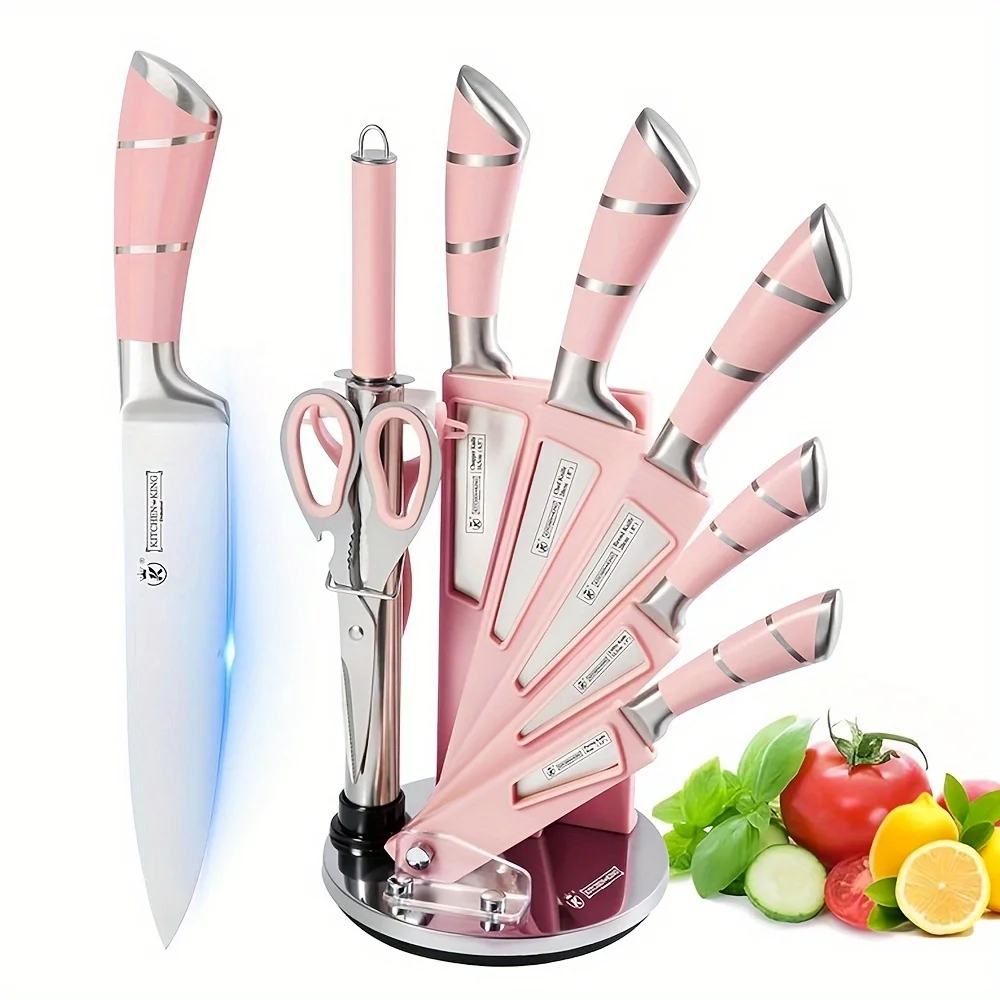 MDHAND 9 Pcs Kitchen Knives Set With Acrylic Stand Chef Bread Cleaver Paring Knife Scissors Sharpener Meat Chopping Vegetable