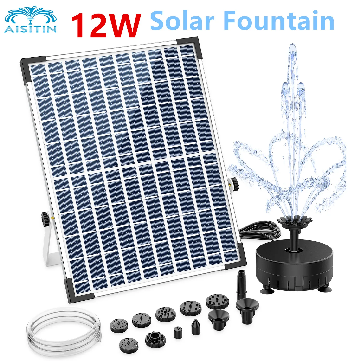 

AISITIN 12W Powerful Solar Fountain Pump, Solar Water Fountain with 12 Double-Layer Nozzles Outdoor Solar Fountain Pump for Pond