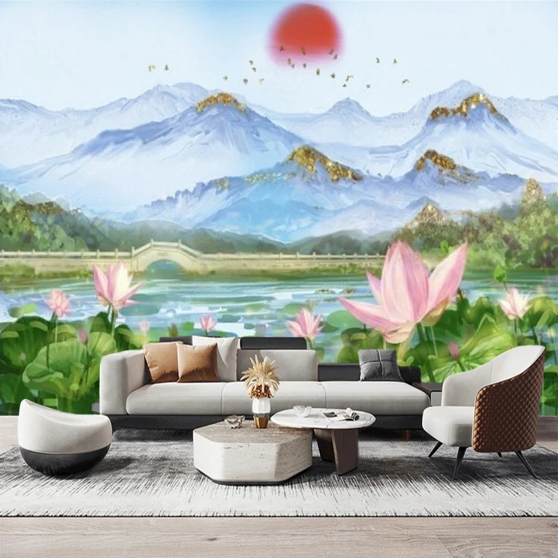 New Chinese-Style Lotus Gold-Plated Landscape Natural Scenery Mountain Landscape Artistic Decoration For Luxurious Home Interior