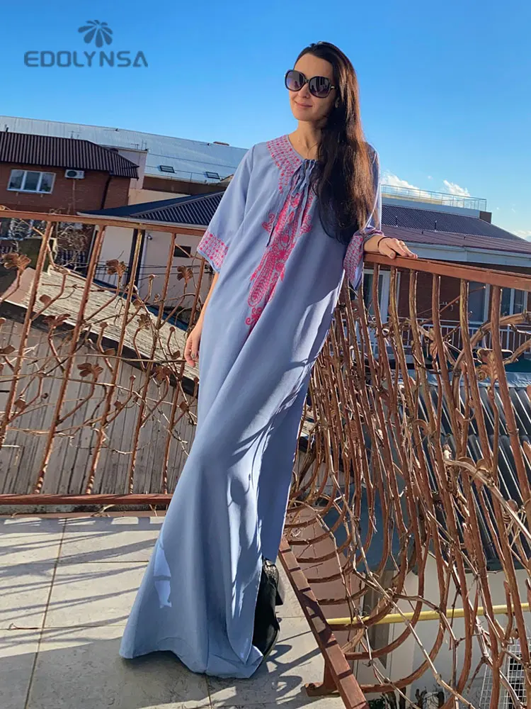 2024 Indie Folk Embroidered Short Sleeve Summer Dress Cotton Tunic Beach Kaftan Women Beachwear Swimsuit Cover Up Robe de plage